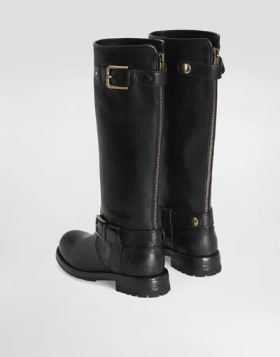 Dolce & Gabbana Calfskin Biker Boots In Black
