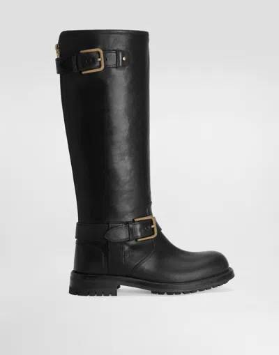 Dolce & Gabbana Calfskin Biker Boots In Black