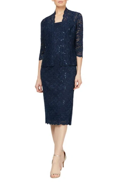 Sl Fashions 2-pc. Lace Jacket & Midi Dress Set In Blue