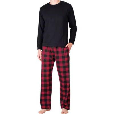 Sleephero Long Sleeve Pajama T-shirt & Buffalo Check Fleece Pajama Pants Set In Black With Red Buffalo Check