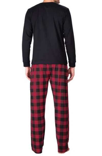 Sleephero Long Sleeve Pajama T-shirt & Buffalo Check Fleece Pajama Pants Set In Black With Red Buffalo Check