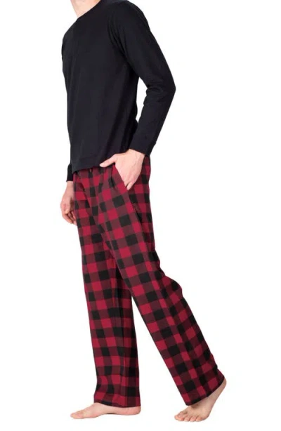 Sleephero Long Sleeve Pajama T-shirt & Buffalo Check Fleece Pajama Pants Set In Black With Red Buffalo Check