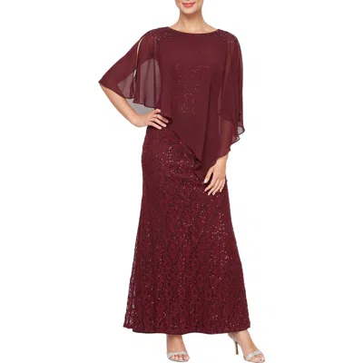 Sl Fashions Sequin & Chiffon Popover Capelet Gown In Brown