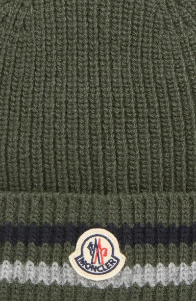 Moncler Kids' Logo Patch Stripe Virgin Wool Beanie In Green