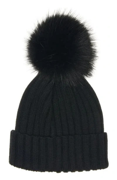 Moncler Ribbed Knit Wool Beanie With Faux Fur Pom-pom In Black