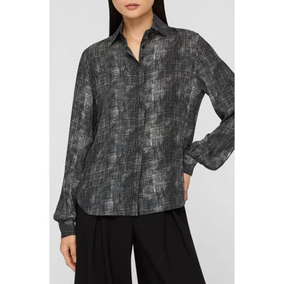 Lafayette 148 Diffused Houndstooth Print Silk Chiffon Blouse In Gray