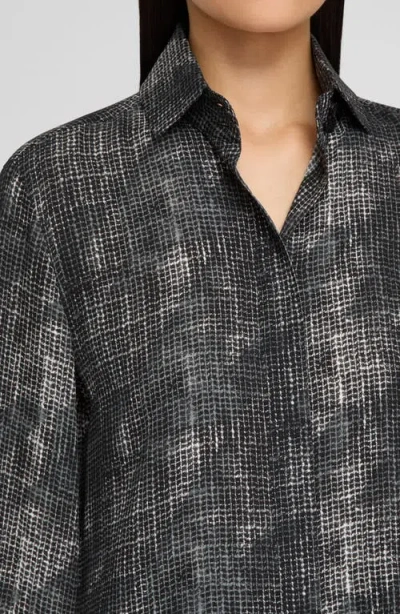 Lafayette 148 Diffused Houndstooth Print Silk Chiffon Blouse In Gray
