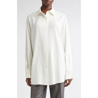 Lafayette 148 New York Oversize Point Collar Stretch Silk Button-up Shirt In Neutral