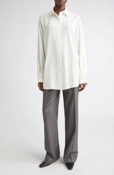 Lafayette 148 New York Oversize Point Collar Stretch Silk Button-up Shirt In Neutral