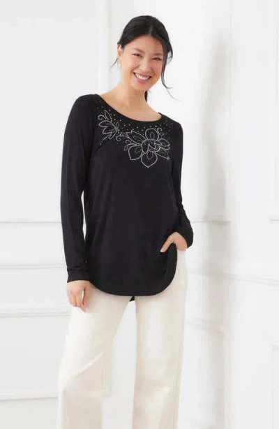 Karen Kane Long Sleeve Embellished Shirttail Top In Black In Black
