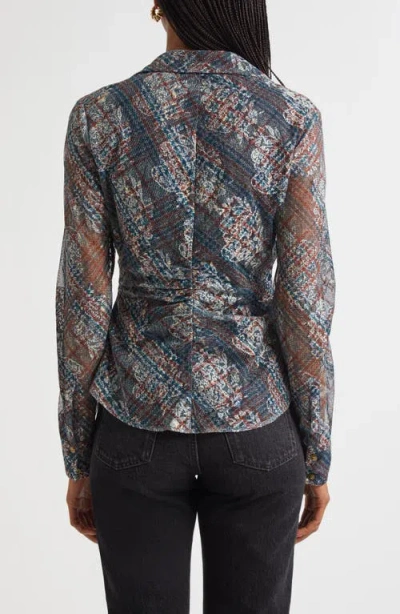 Ramy Brook Hamilton Ruched Mixed Plaid Button-up Shirt In Gray