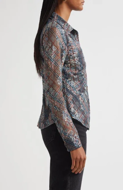 Ramy Brook Hamilton Ruched Mixed Plaid Button-up Shirt In Gray