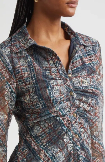 Ramy Brook Hamilton Ruched Mixed Plaid Button-up Shirt In Gray