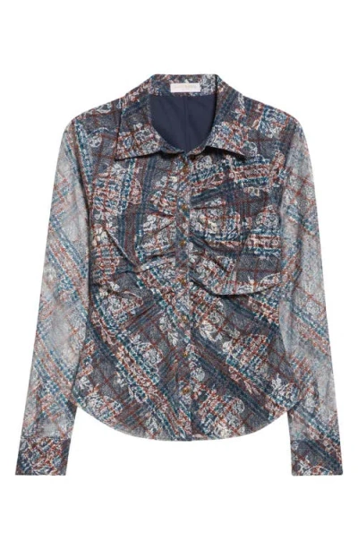 Ramy Brook Hamilton Ruched Mixed Plaid Button-up Shirt In Gray