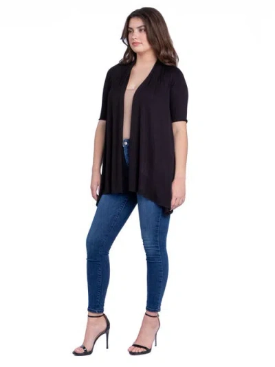 24seven Comfort Apparel Plus Size Elbow Length Open Front Cardigan Sweater In Black