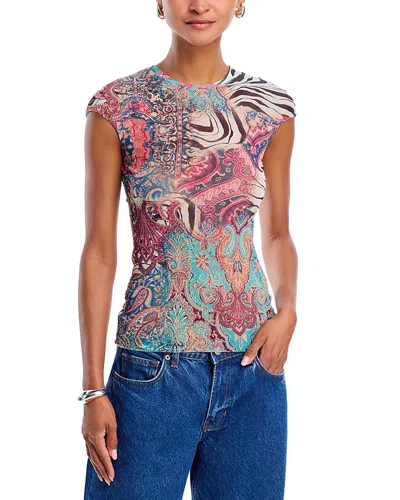 Afrm Nina Print Cap Sleeve Mesh Top In Multi