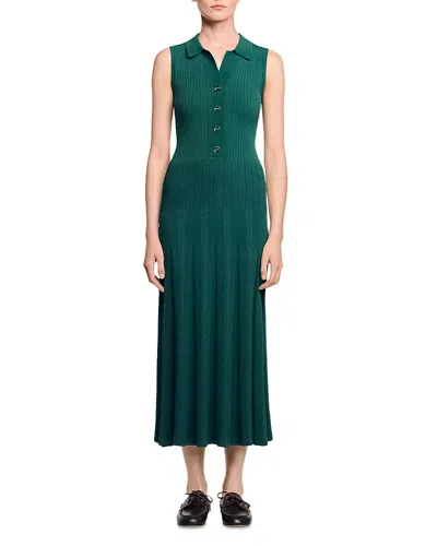 Sandro Womens Polo-collar Button-down Stretch-knit Midi Dress Dark Green