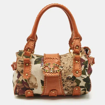Pre-owned Valentino Garavani Multicolor Printed Canvas And Whipstitch Leather Vlogo Crystals Satchel