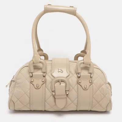 Pre-owned Burberry Beige Quilted Nylon And Patent Leather Manor Satchel In Sand