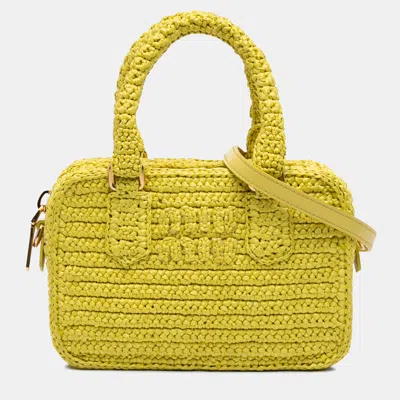 Pre-owned Miu Miu Yellow Raffia Crochet Arcadie Top Handle Bag