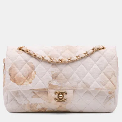 Pre-owned Chanel White Medium Classic Printed Denim Floral Double Flap