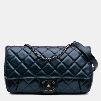 Pre-owned Chanel Coco Pleats Flap Quilted Glazed Calfskin Shoulder Bag In Blue