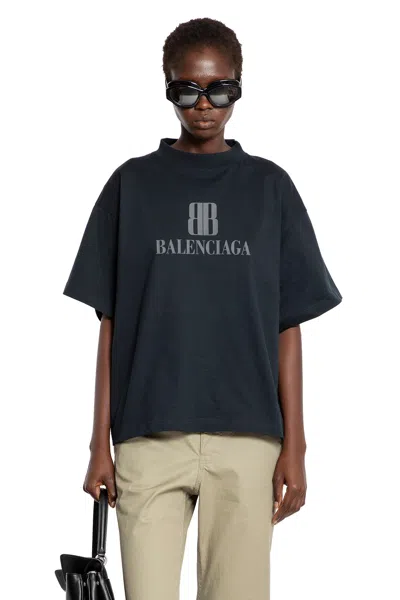 Balenciaga Faded Black T-shirt With Central Print And Wide Fit. In Blue