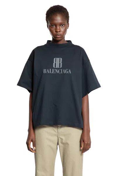 Balenciaga Faded Black T-shirt With Central Print And Wide Fit. In Blue