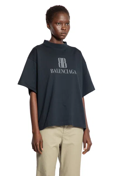 Balenciaga Faded Black T-shirt With Central Print And Wide Fit. In Blue