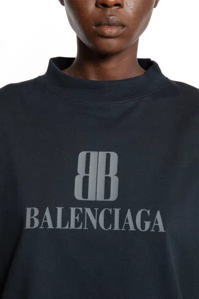 Balenciaga Faded Black T-shirt With Central Print And Wide Fit. In Blue