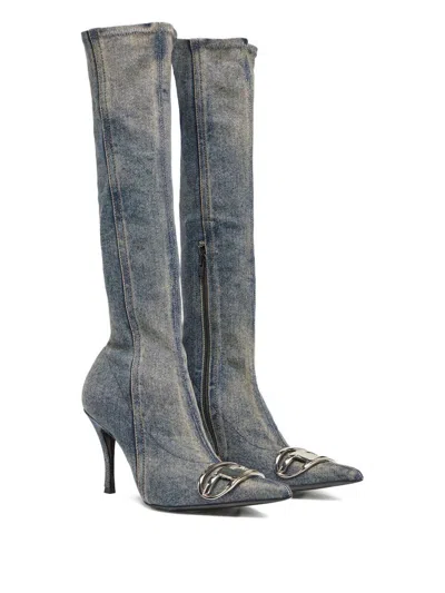 Diesel Sculpted Heel Knee-high Metallic Pointed Stiletto In Blue