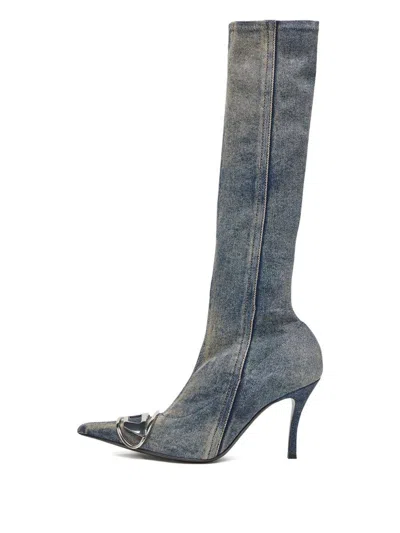 Diesel Sculpted Heel Knee-high Metallic Pointed Stiletto In Blue