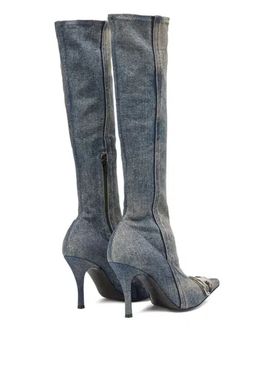 Diesel Sculpted Heel Knee-high Metallic Pointed Stiletto In Blue
