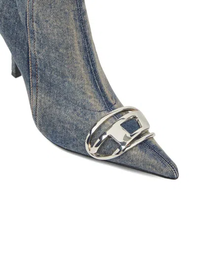Diesel Sculpted Heel Knee-high Metallic Pointed Stiletto In Blue