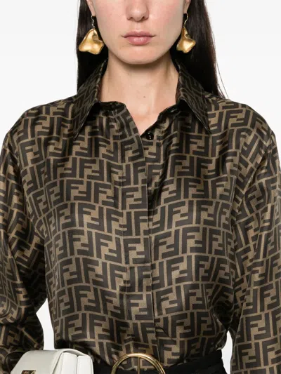 Fendi Silk Shirt With Ff Motif In Brown
