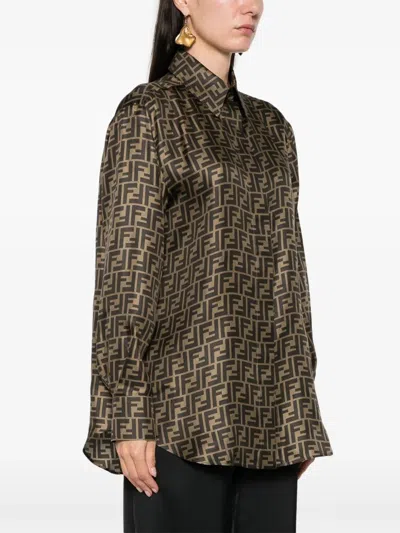Fendi Silk Shirt With Ff Motif In Brown