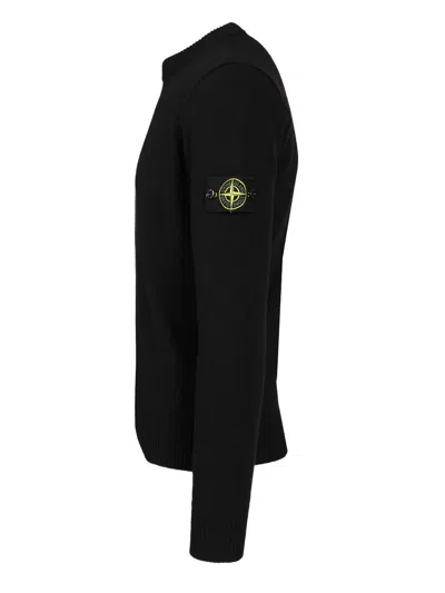 Stone Island Ribbed Knit Sweater With Logo Patch In Black