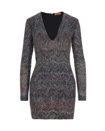 Missoni Multicolour Dress With Deep Neckline And All-over Sequins In Viscose Woman In Black