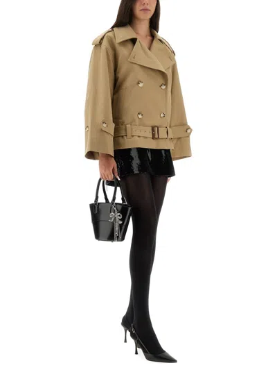 Self-portrait Beige Gabardine Trench Jacket In Brown