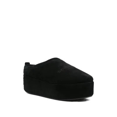 Balenciaga Suede Mules With Rounded Toe And Elevated Platform Sole In Black