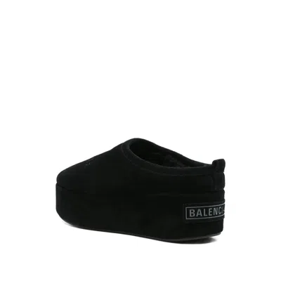 Balenciaga Suede Mules With Rounded Toe And Elevated Platform Sole In Black
