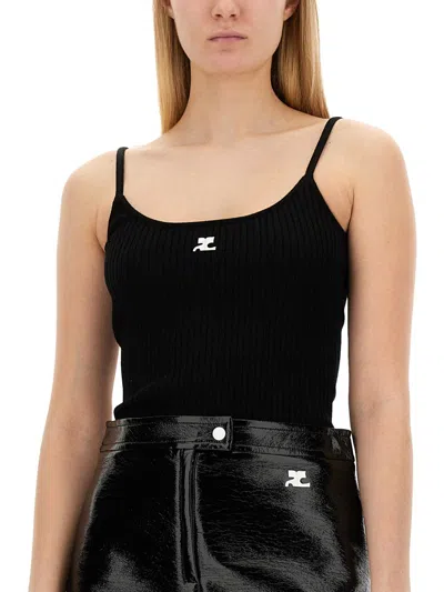 Courrèges Ribbed Spaghetti Strap Top With Elegant Logo Detail And Luxurious Fabric Blend In Black