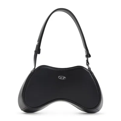 Diesel Curved Leather Handbag With Adjustable Strap In Black