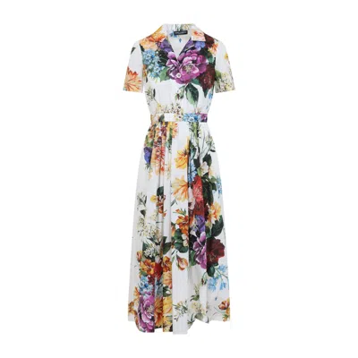 Dolce & Gabbana Midi Poplin Dress With Flower Bouquet Print Dolce E Gabbana In Multi