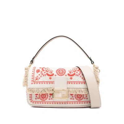 Fendi Baguette Embroidered Fringed Tote Bag In Neutral