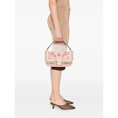Fendi Baguette Embroidered Fringed Tote Bag In Neutral
