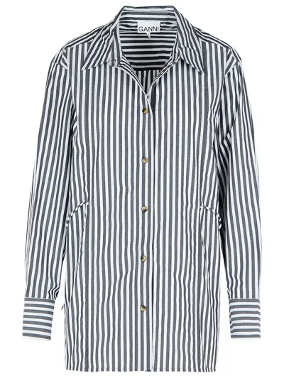 Ganni Stripe Cotton Shirt Black In Multi