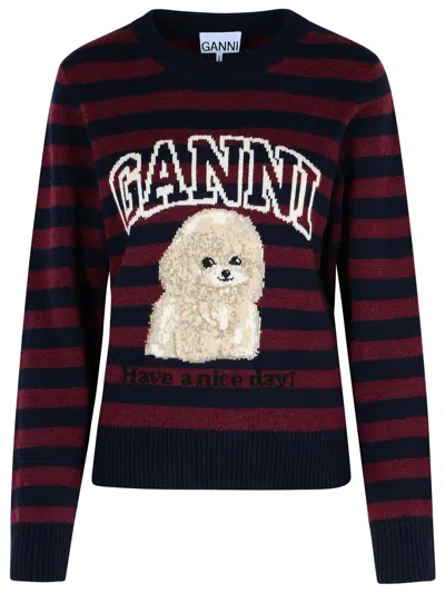Ganni Graphic Wool Mix Poodle Stripe Crewneck Knitwear Multicolor In Burgundy