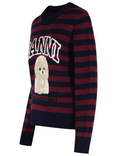 Ganni Graphic Wool Mix Poodle Stripe Crewneck Knitwear Multicolor In Burgundy