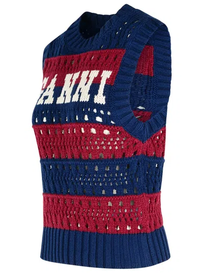 Ganni Striped Openwork Vest With Logo Inlay In Blue
